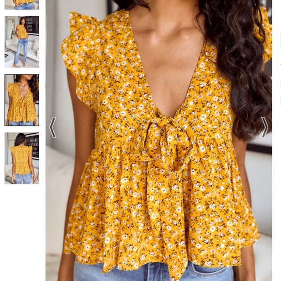 Micki mustard Floral Ruffled Sleeve Blouse top with deep V neck bow detailing - Picture 2 of 9
